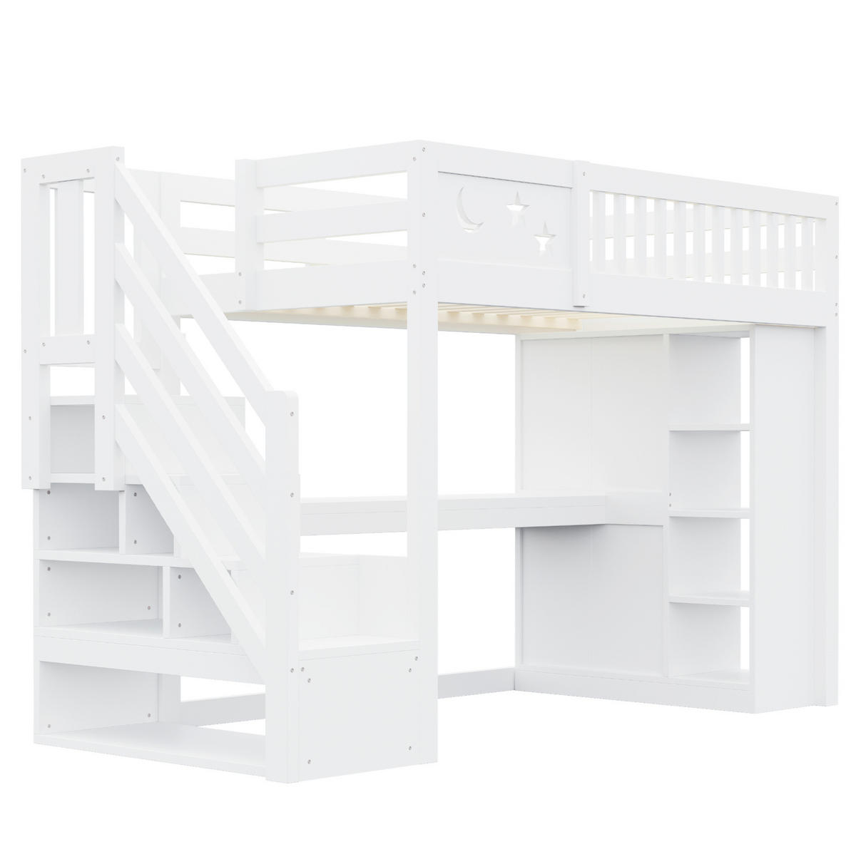 HOCHBETT aus Massivholz 90x200 cm Weiß mit Schreibtisch, LED-Beleuchtung, Steckdosen und Stauraumtreppe - Weiß, Holz (90/200cm) - Modfu