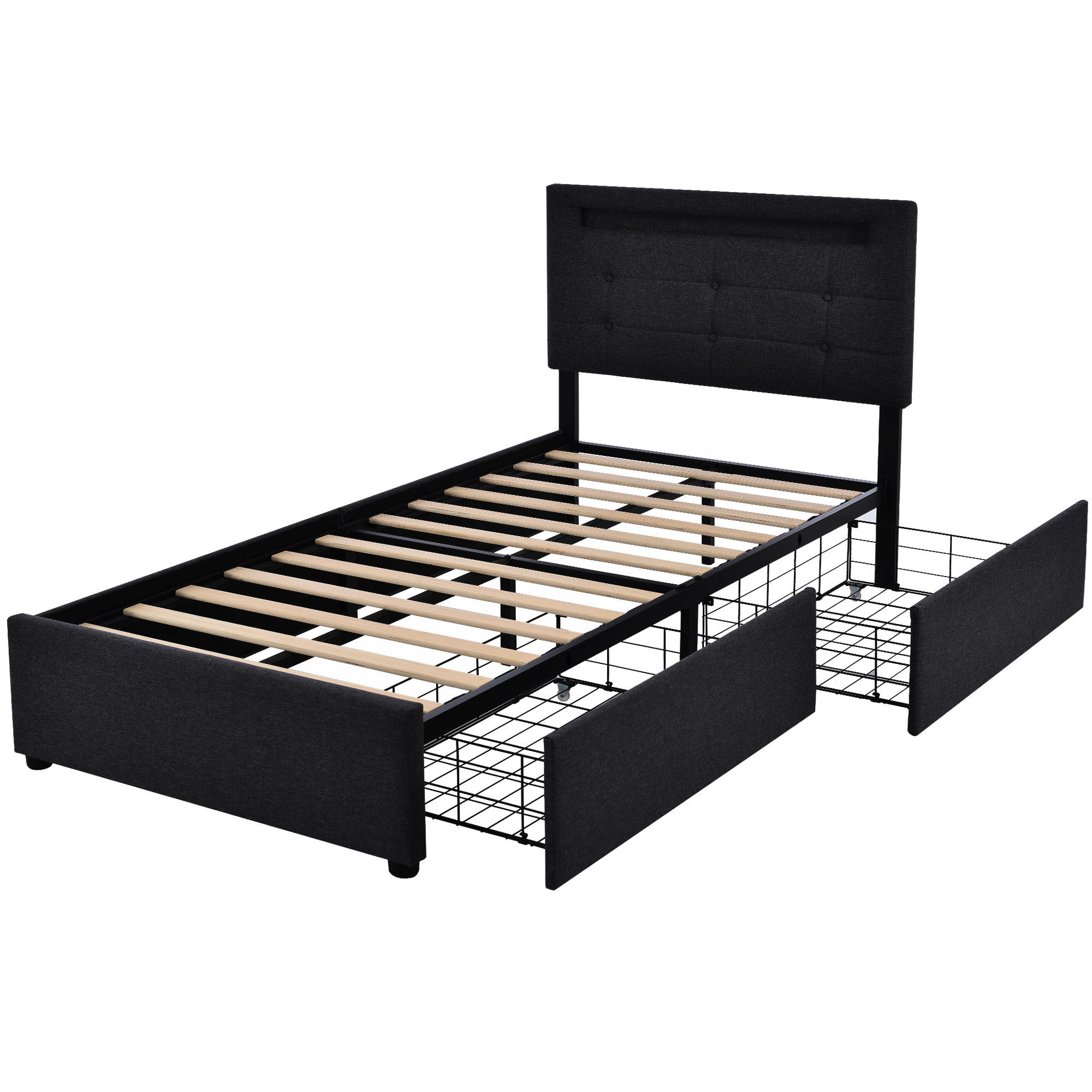 POLSTERBETT 90/200 cm mit Matratze LED-Beleuchtung, 2 Schubladen, verstellbarem Kopfteil, Schwarz - Schwarz, Textil - Redom