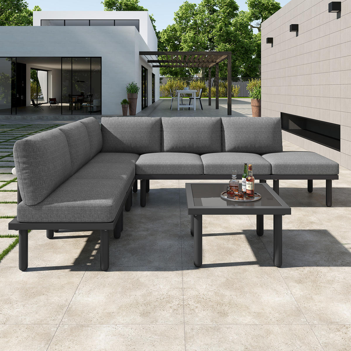 GARTENLOUNGE-SET 6er-Set Gartenmöbel Set Outdoor Sitzgruppe mit Sofa und Glas Tisch - Schwarz/Grau, Textil/Metall - STILVORA