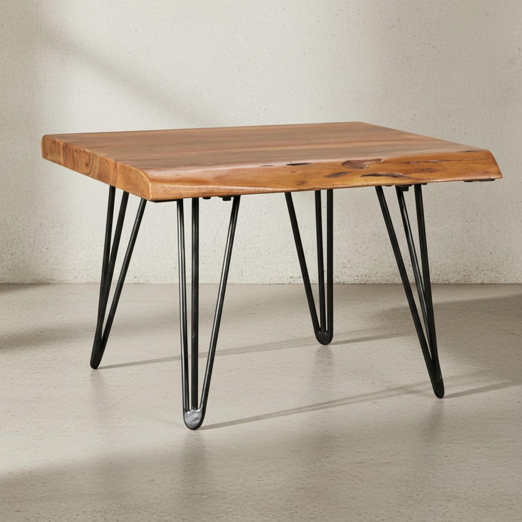 COUCHTISCH Massivholz Sheesham mit Baumkante und Haarnadelbeinen, Stil Natürlichkeit - Schwarz/Braun, Holz/Metall (51/56/38cm) - KADIMA DESIGN