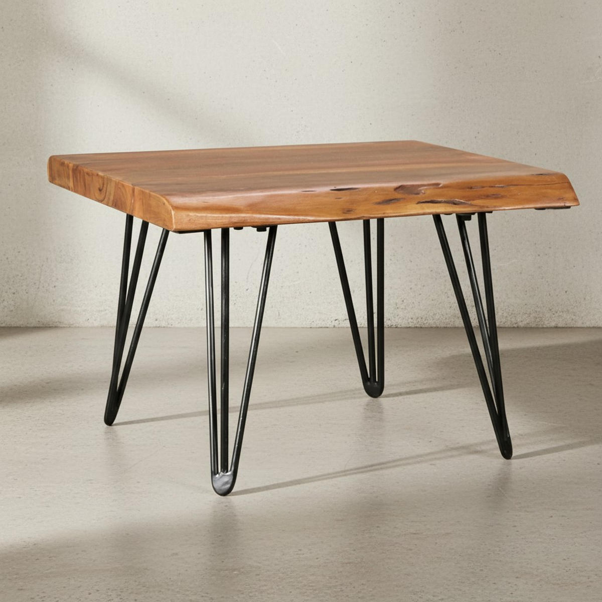 COUCHTISCH Massivholz Sheesham mit Baumkante und Haarnadelbeinen, Stil Natürlichkeit - Schwarz/Braun, Holz/Metall (51/56/38cm) - KADIMA DESIGN