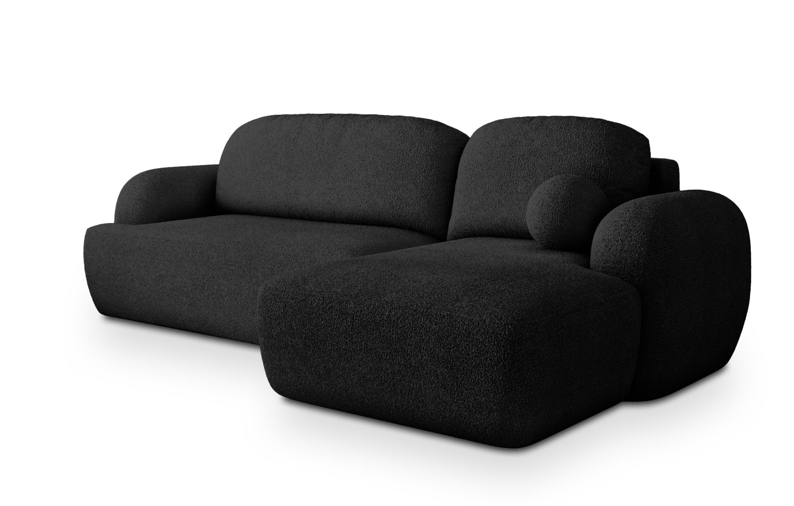 ECKSOFA MODENZA N R-S Schwarz Boucle-Stoff mit Schlaffunktion - Schwarz, Holz (266/148cm) - MASSENO