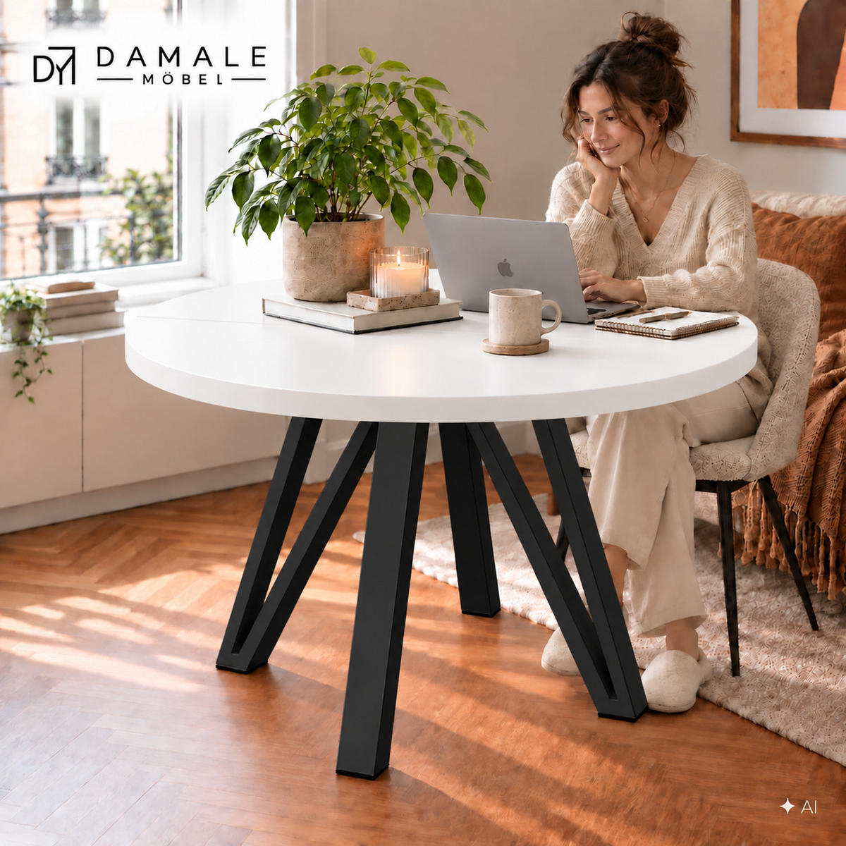 ESSTISCH rund ausziehbar 110/210/76 cm, Weiß, 54 cm Tischplatte + Industrial Metallgestell Schwarz - Schwarz/Weiß, Holzwerkstoff/Metall (110/210/76cm) - Damale Möbel