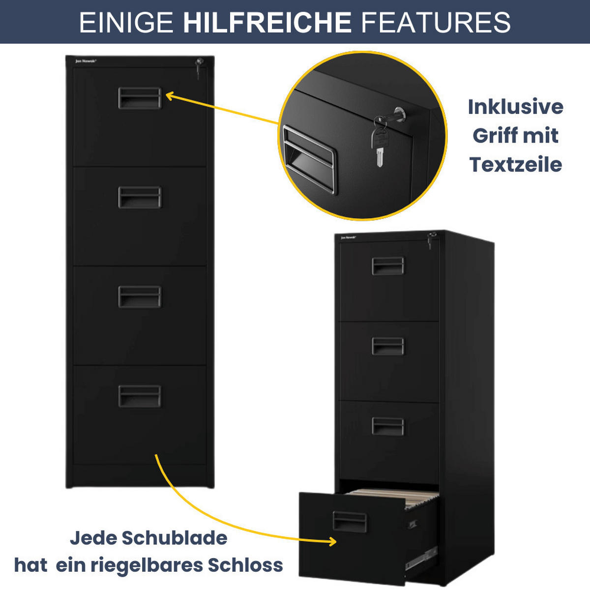 HÄNGEREGISTERSCHRANK abschließbar TION 4 Schubladen 132x46x62cm Schwarz - Schwarz, Metall (46/132/62cm) - DELUKE