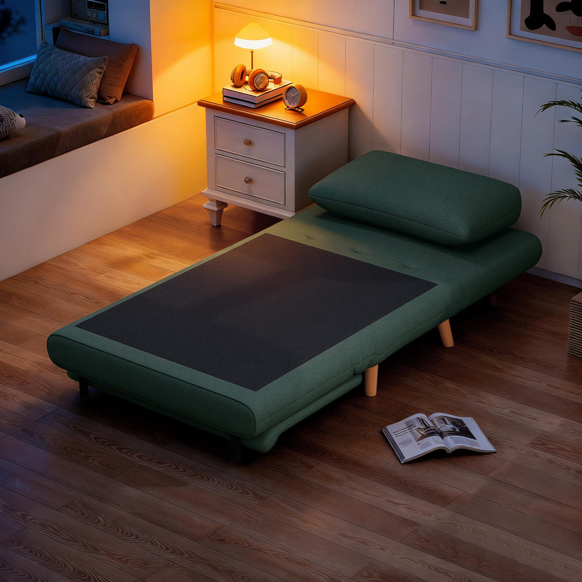 SCHLAFSESSEL 3-in-1 Sessel Bett-Funktion, verstellbare Rückenlehne - Dunkelgrün/Buchefarben, Buchenholz/Textil (90/80/95cm) - HOMCOM