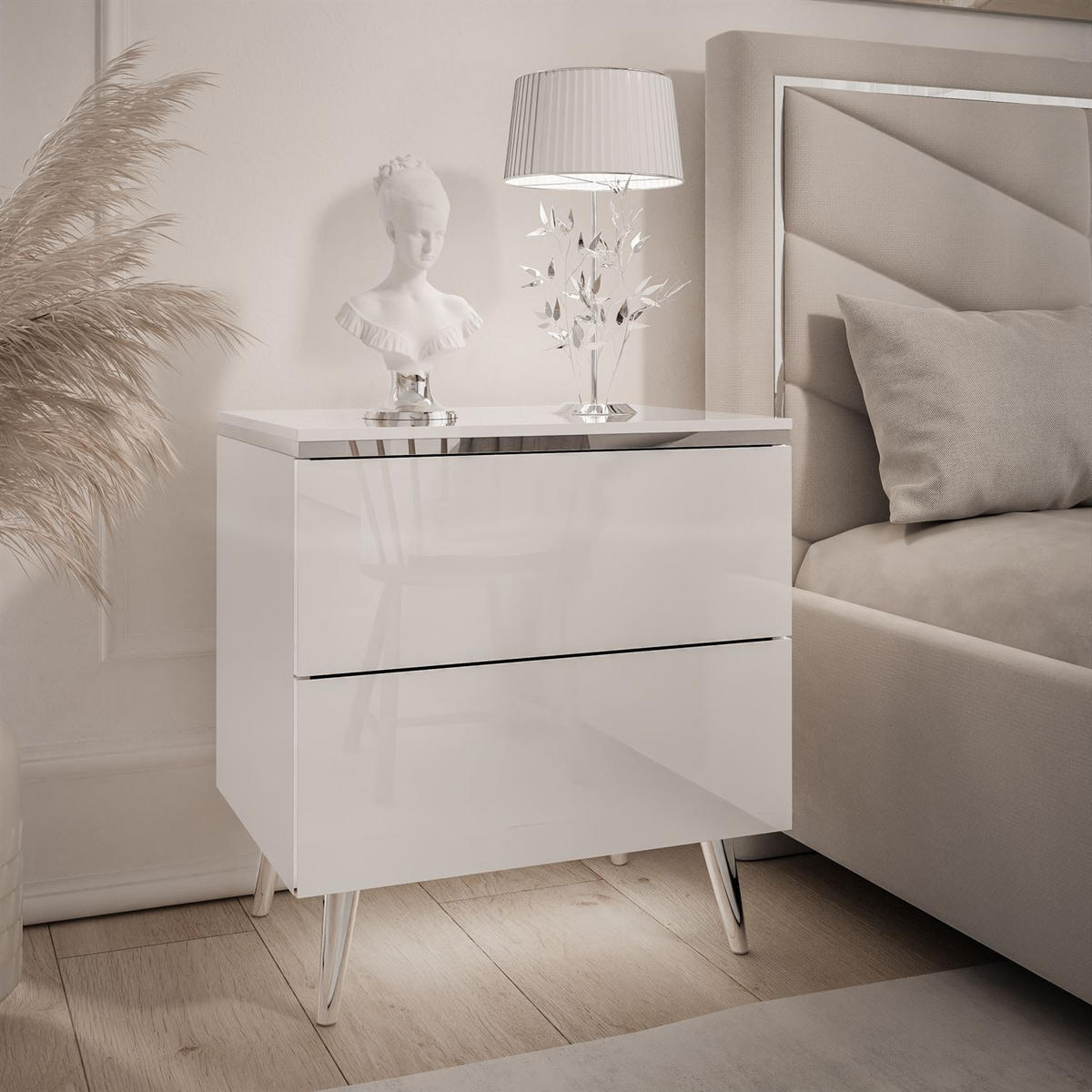 NACHTTISCH AURORA II SILVER Hochglanz Weiß mit LED-Beleuchtung – mit schrägen verchromten Beinen - Weiß Hochglanz, Holzwerkstoff (50/53/37cm) - Lookway