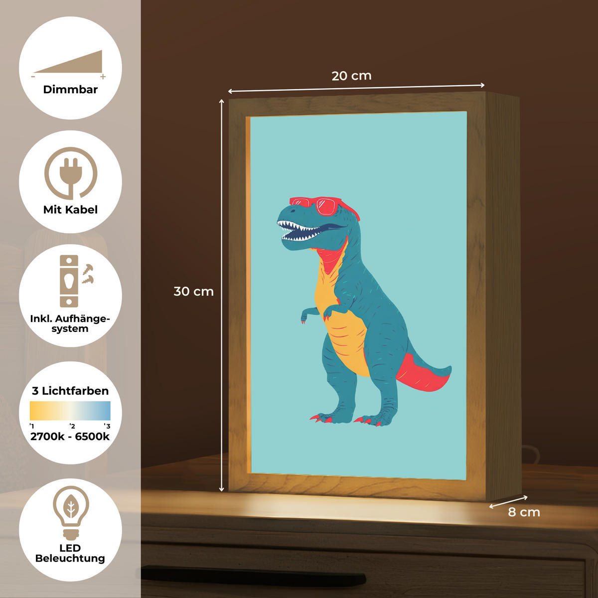 NÁSTĚNNÁ LAMPA Dinosaurus - Modrá - Sluneční brýle 20x30 cm - světle modrá, kompozitní dřevo (20/30/8cm) - OnlyWow