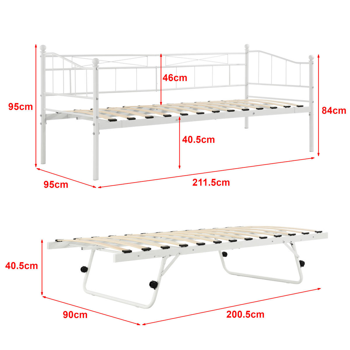 TAGESBETT Skutskär - Weiß, Metall (90/200cm) - [en.casa]