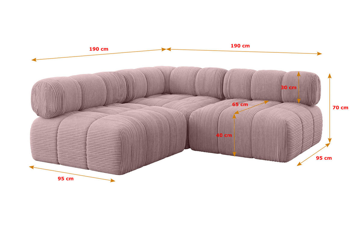 ECKSOFA modulares Sofa Samaro-L1 - 190x190x70 cm Rosa Cord - Rosa, Holzwerkstoff/Textil (190/190cm) - ALTDECOR