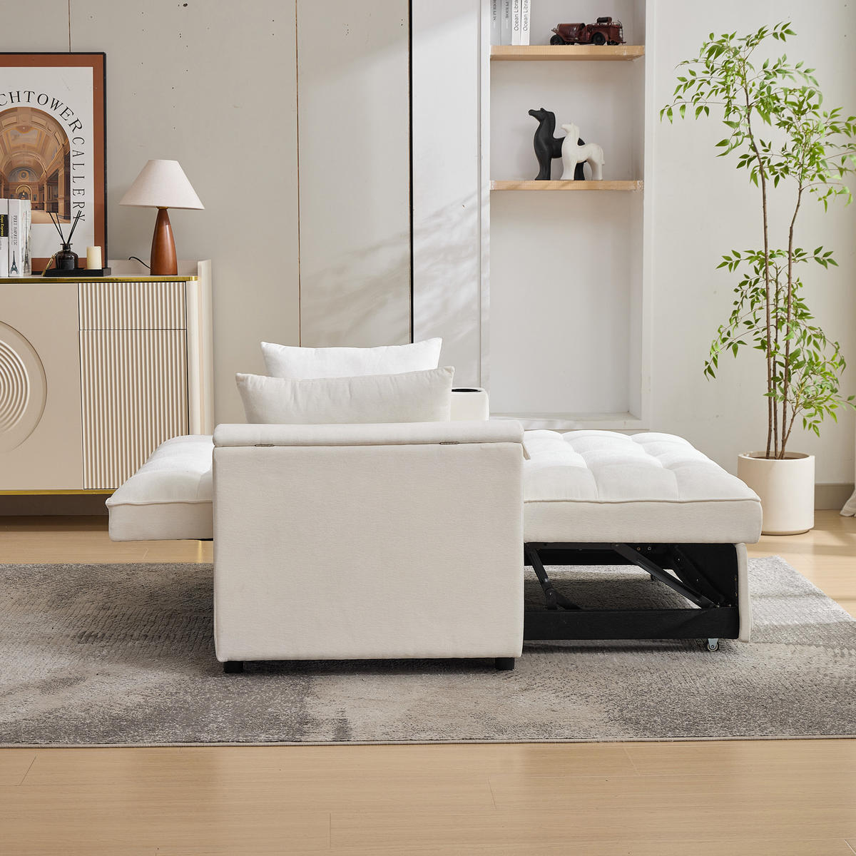 SCHLAFSOFA 140.5/74/82 cm Beige mit USB-Anschluss, verstecktem Tisch und Getränkehalter - Beige, Textil (140.5/82/74cm) - Oxeza