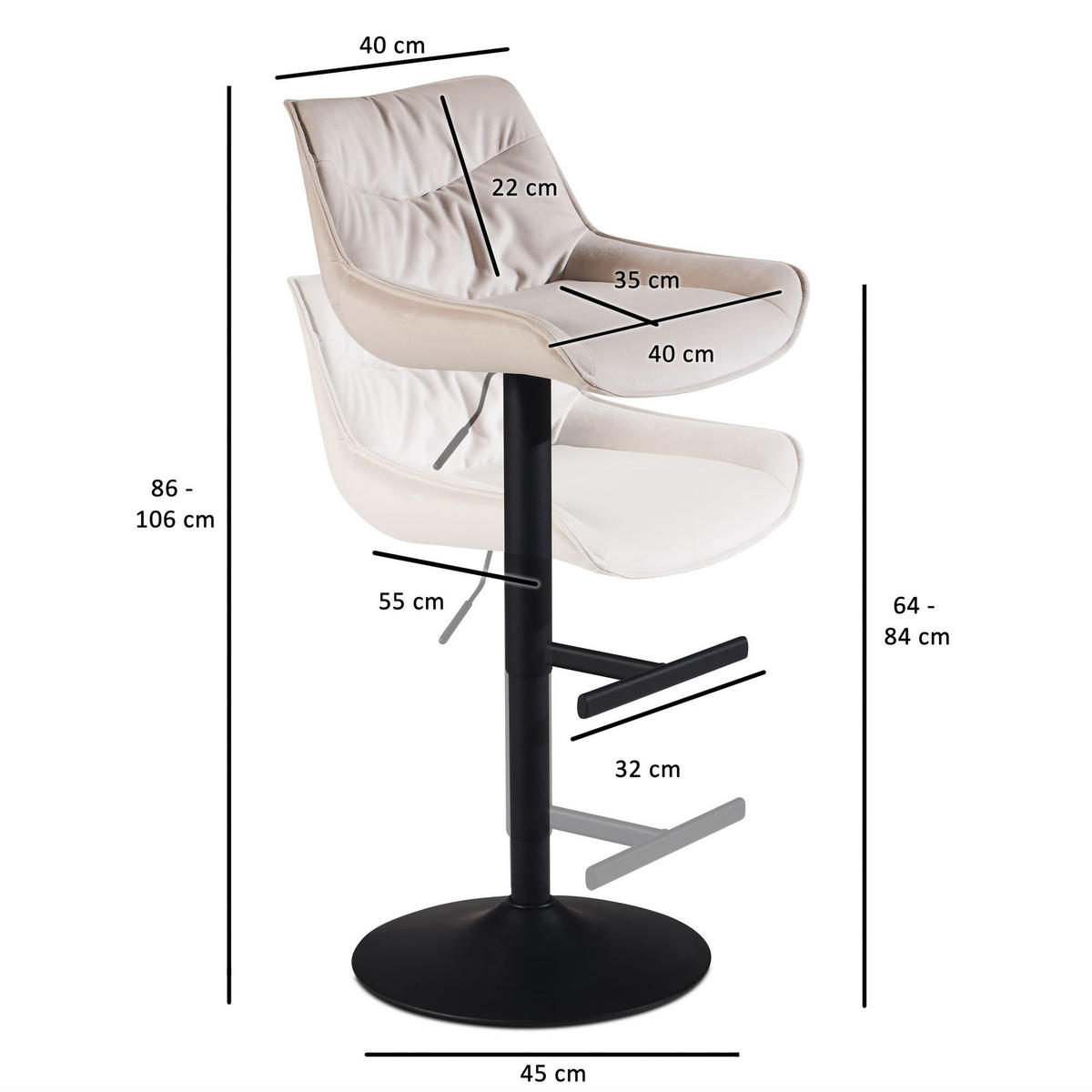 BARHOCKER Samt Lehne Höhenverstellbar Trompetenfuß Gepolstert, Beige 45x55x106 cm - Beige/Schwarz, Textil/Metall (45/106/55cm) - KADIMA DESIGN