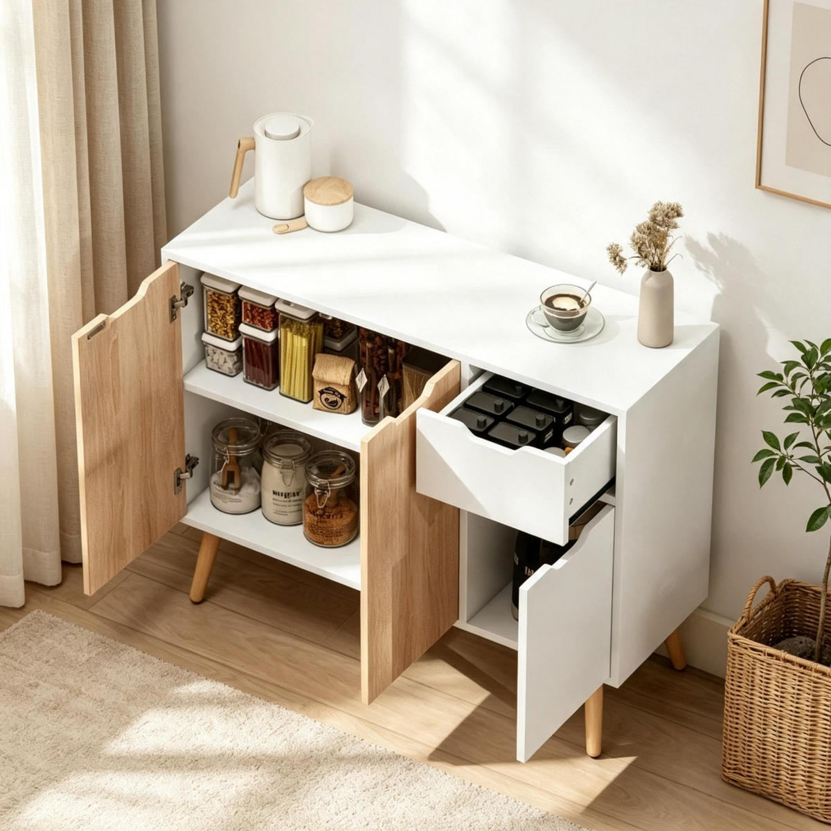 SIDEBOARD in Weiß und heller Eiche 90x30x72 cm mit 3 Türen und Schublade - Weiß, Holzwerkstoff (30/72/90cm) - IVMEU