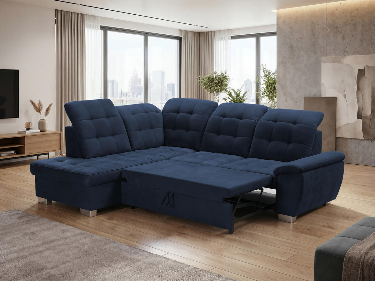 ECKSOFA LENO Links, mit Schlaffunktion und Bettkasten, Marineblau - Dunkelblau, Kunststoff/Textil (261/220cm) - Idohome