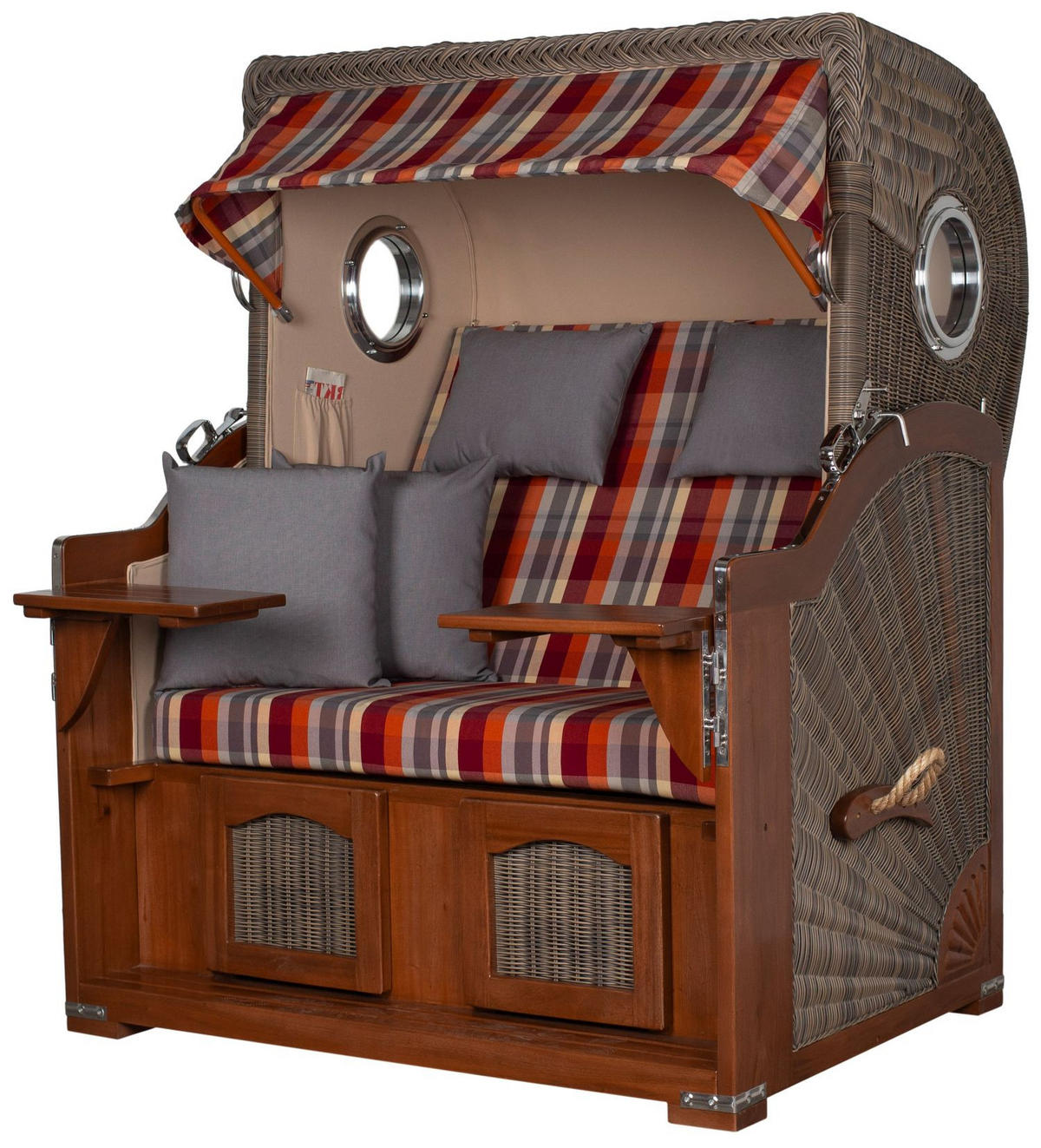 STRANDKORB Komplettset: Ammersee Mahagoni Bullauge - PE grau - Modell 584 - Beige/Rot, Holz/Kunststoff (125/165/80cm) - bene living