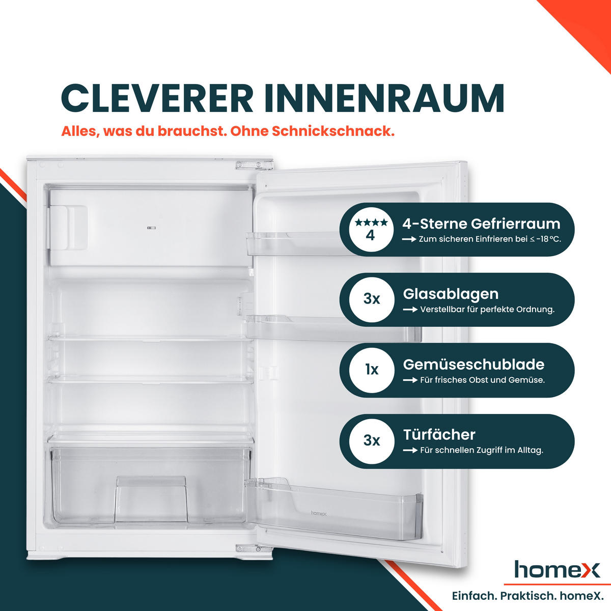 KÜHLSCHRANK Einbau, mit Gefrierfach, 88cm Nische, 118 Liter, Schlepptürtechnik, CFB1181E - Weiß, Glas/Kunststoff (54/89/54cm) - homeX