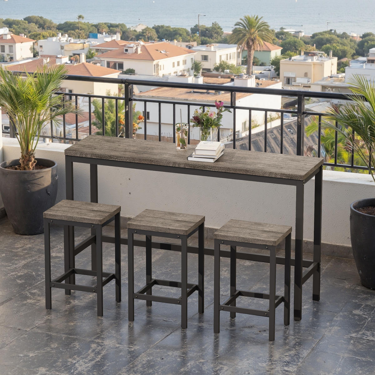 BARMÖBEL-SET 148/40/90 cm braun und grau mit 3 Hockern aus MDF und Metall - Braun, Holzwerkstoff (148/90/40cm) - OKWISH