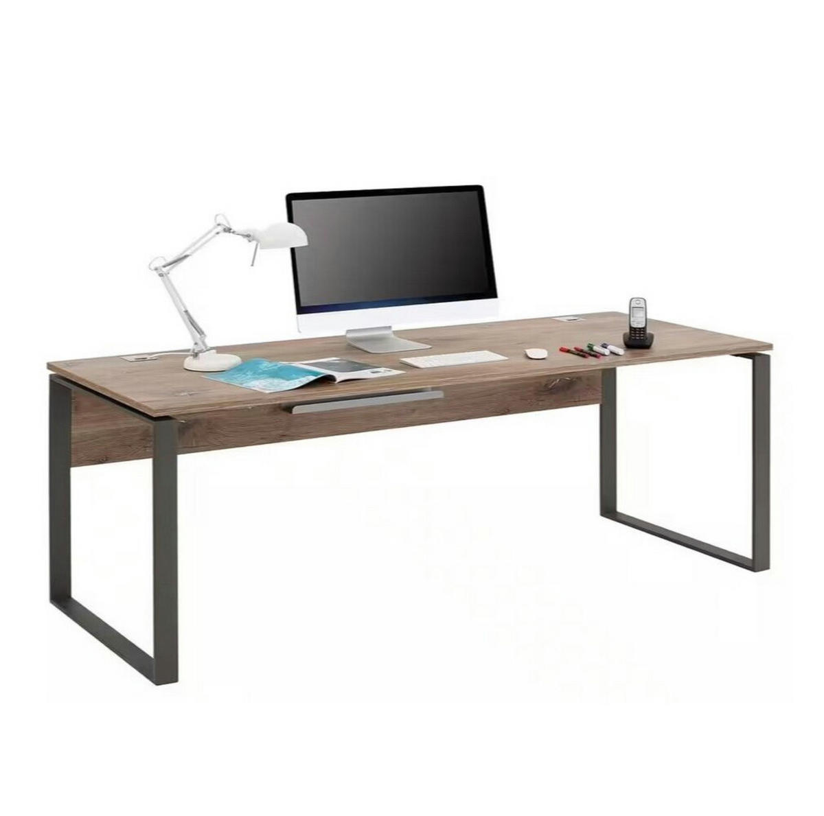 SCHREIBTISCH Tajo in Zinneiche & Metall Anthrazit mit Container – Maja Möbel - Braun, Holzwerkstoff (77/190/76cm)