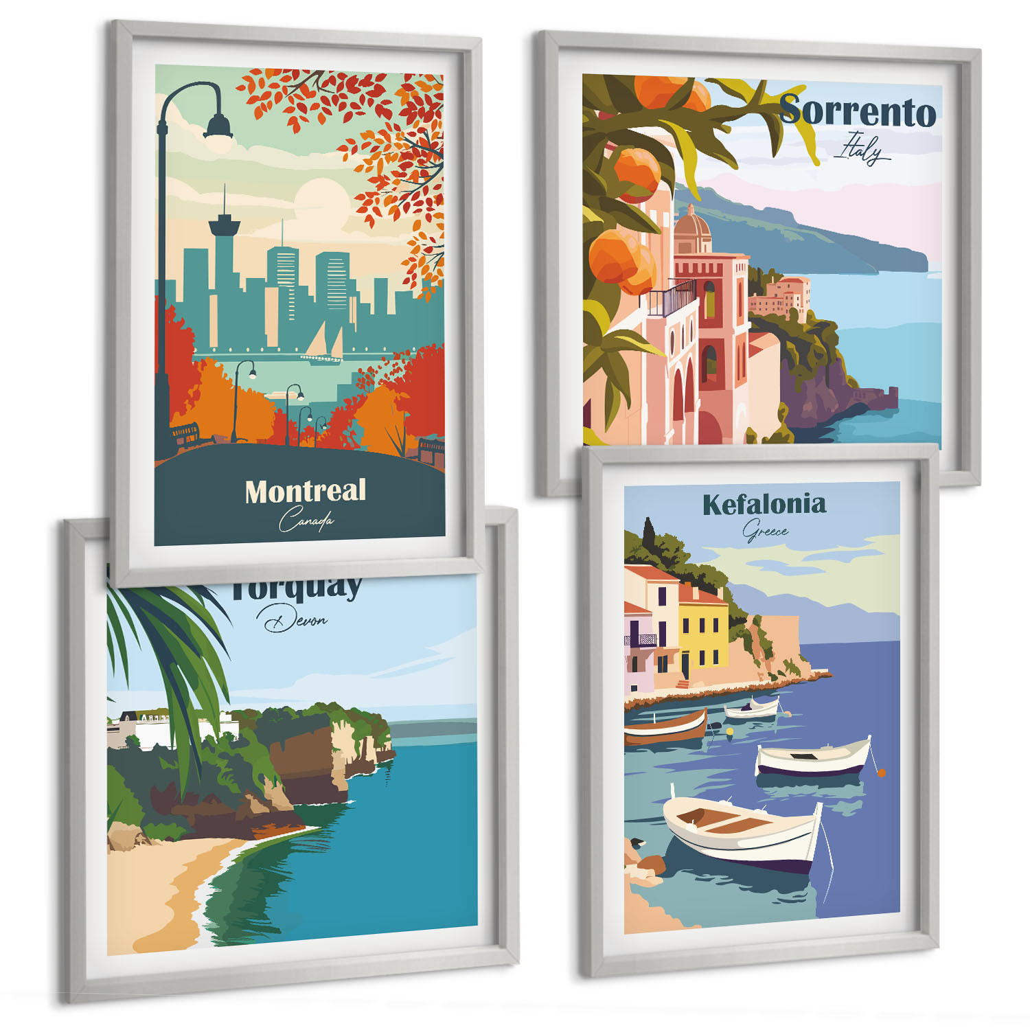 BILDER SET 4er Set - 50x50 cm & 40x60 cm Silberner Rahmen - Retro-Ansichten von Städten auf der ganzen Welt - Silberfarben, Kunststoff (50/50cm) - TULUP