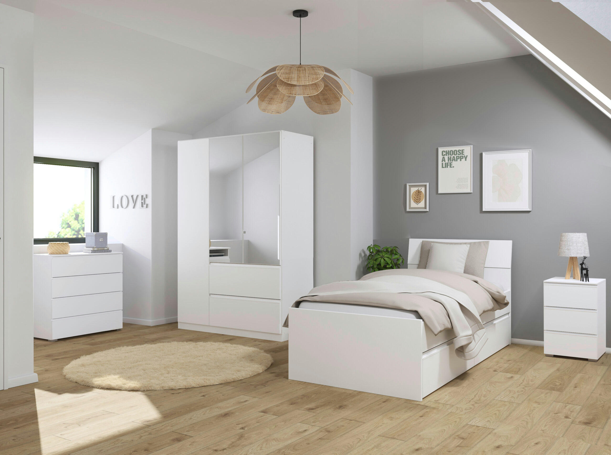 JUGENDZIMMER Joel in Weiß 4 teilig – mit 3türigem Kleiderschrank mit Spiegel, 90er Jugendbett, Nachttisch und Kommode - Weiß, Holzwerkstoff (80/200/120cm)