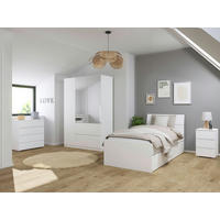 JUGENDZIMMER Joel in Weiß 4 teilig – mit 3türigem Kleiderschrank mit Spiegel, 90er Jugendbett, Nachttisch und Kommode - Weiß, Holzwerkstoff (80/200/120cm)