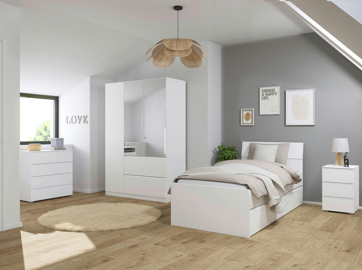JUGENDZIMMER Joel in Weiß 4 teilig – mit 3türigem Kleiderschrank mit Spiegel, 90er Jugendbett, Nachttisch und Kommode - Weiß, Holzwerkstoff (80/200/120cm)