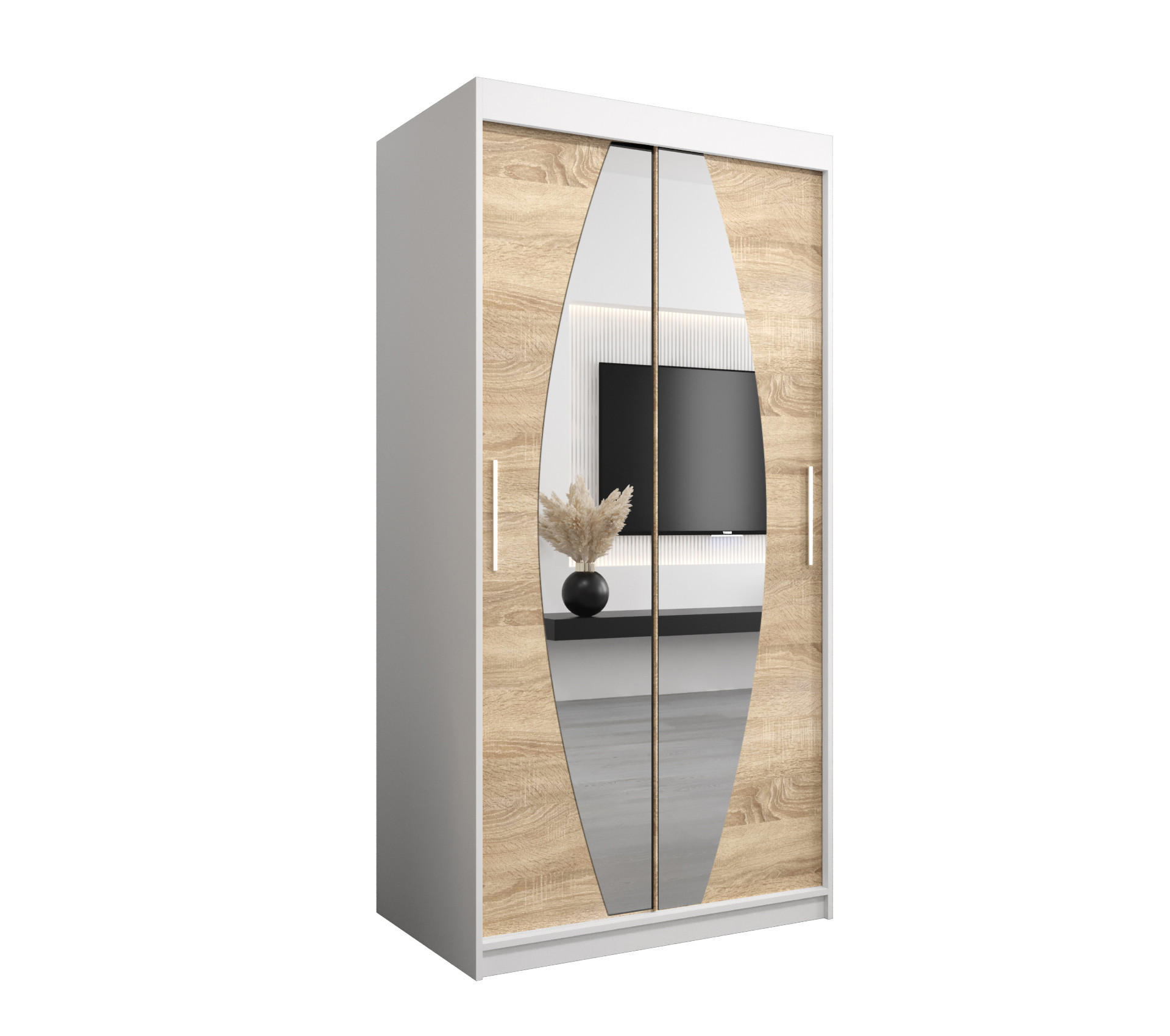Abiks Möbel Schwebetürenschrank Weiß, Sonoma Eiche 100x200x62 cm