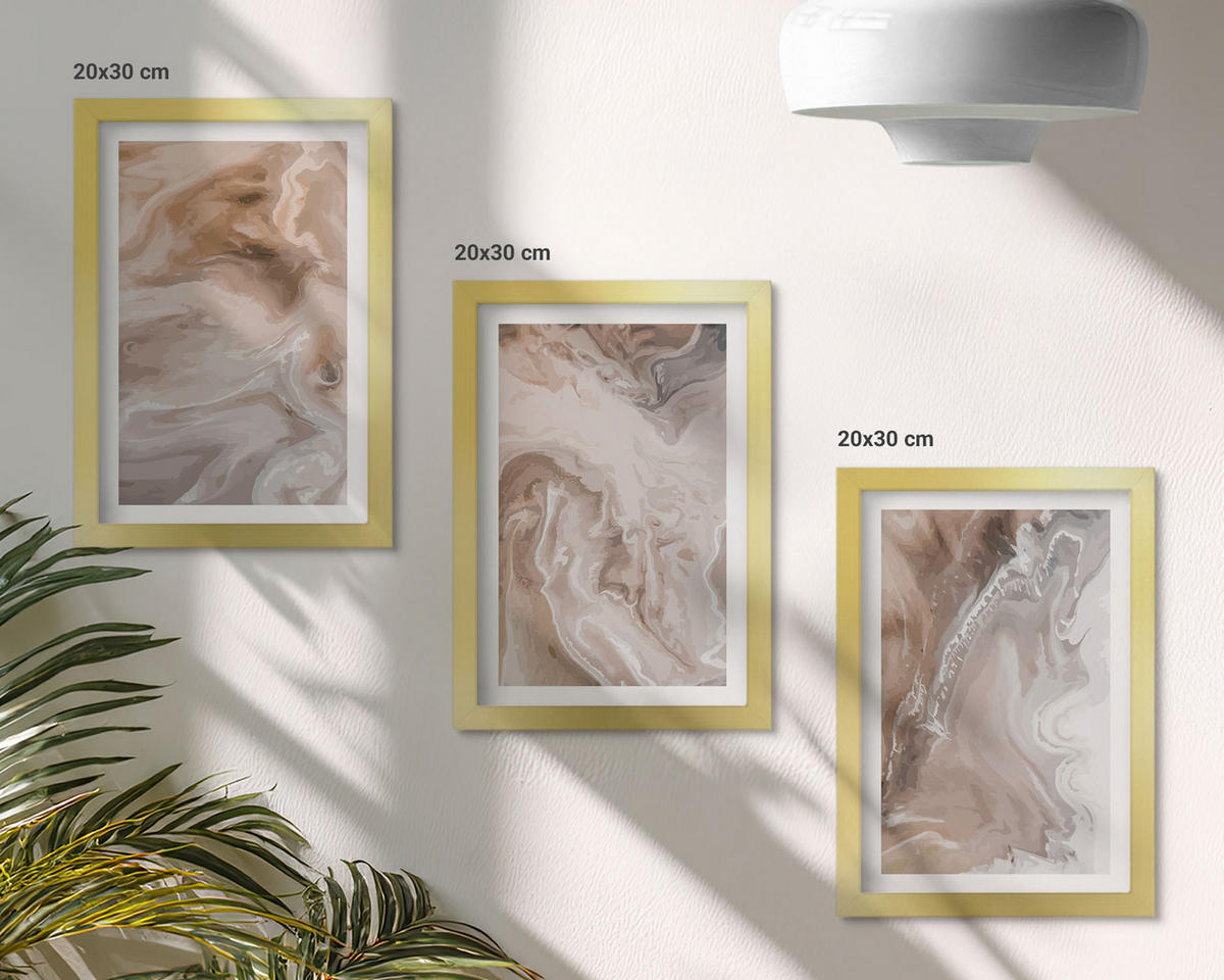 BILDER SET 3er Set - 20x30 cm Goldrahmen - Abstrakter Marmorstein - Goldfarben, Kunststoff (20/30cm) - TULUP