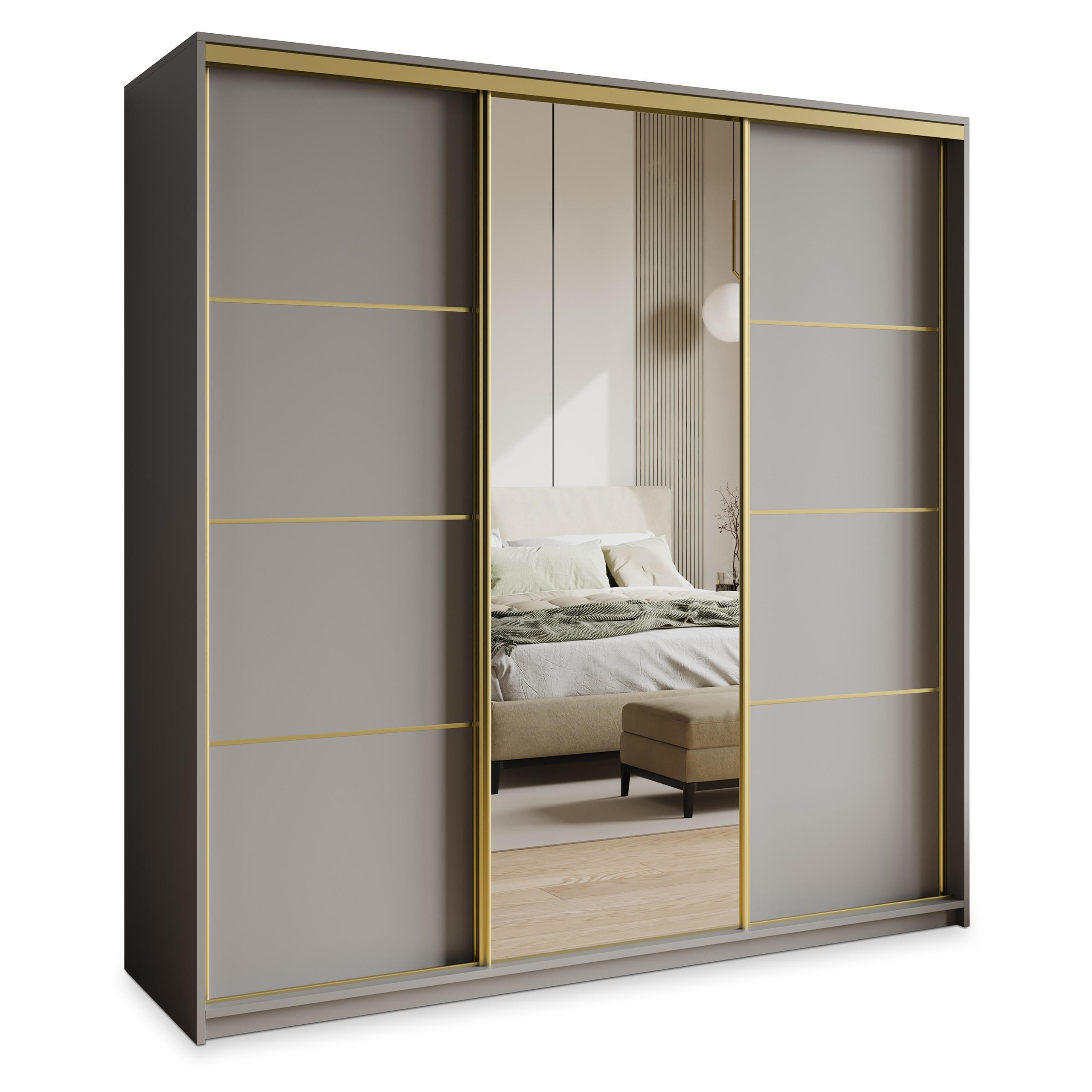 SCHWEBETÜRENSCHRANK VARO 180/205/60 cm 3-türig mit Spiegel und Schubladen Graphitfarben - Goldfarben/Graphitfarben, Holzwerkstoff (180/205/60cm) - MASSENO