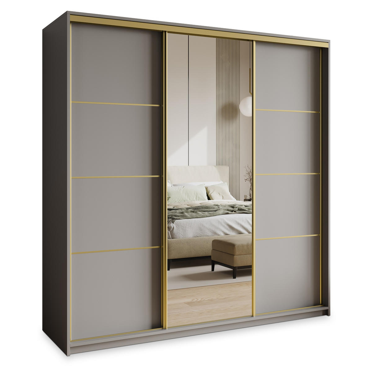 SCHWEBETÜRENSCHRANK VARO 200/205/60 cm 3-türig mit Spiegel Graphitfarben - Graphitfarben, Holzwerkstoff (200/205/60cm) - MASSENO
