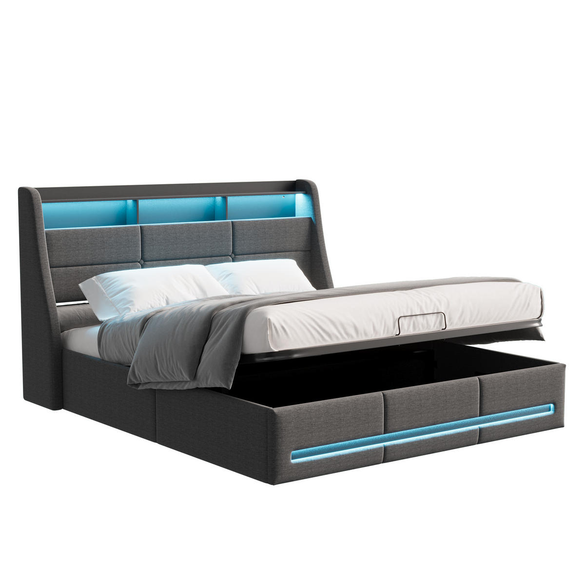 POLSTERBETT 140x190 cm mit Stauraum, LED-Kopfteil, USB & Lattenrost, grau - Grau, Holz (140/190cm)