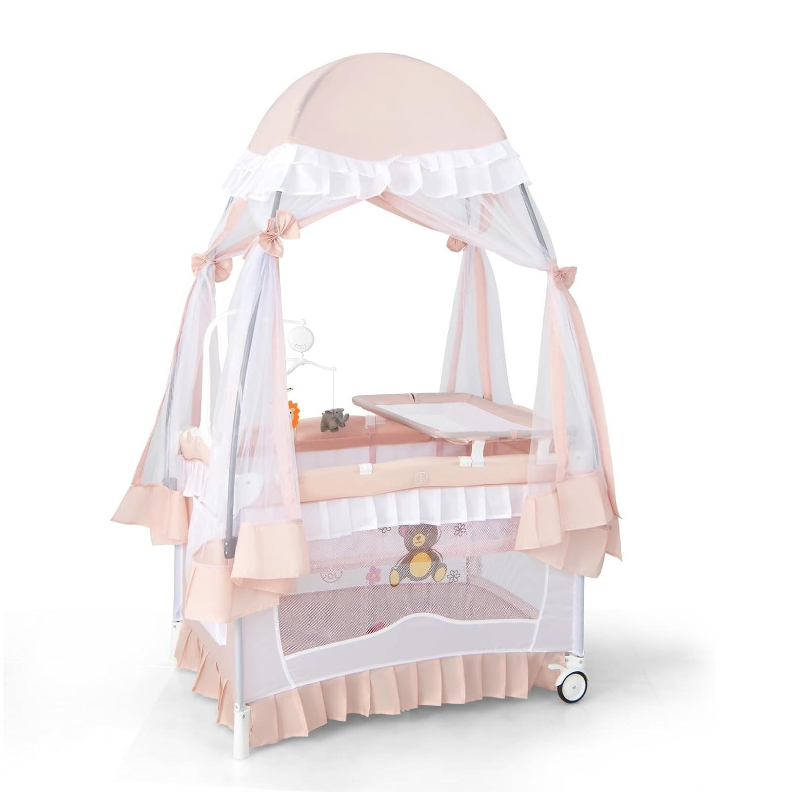 BABYBETT mit abnehmbarem Baldachin rosa - Pink, Textil - COSTWAY