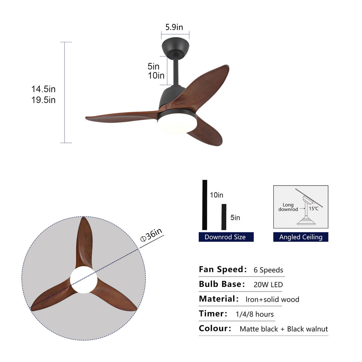 DECKENVENTILATOR DE-16248 36 Zoll mit Holzflügeln & Steuergriff Schwarz - Walnussfarben, Holz (92/92/45cm) - ComfortXL