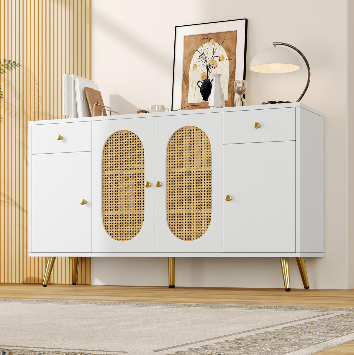 SIDEBOARD 140/35/82 cm weiß/natur aus Spanplatte mit 2 Schubladen und 4 Türen - Naturfarben, Holzwerkstoff (140/82/35cm) - OKWISH