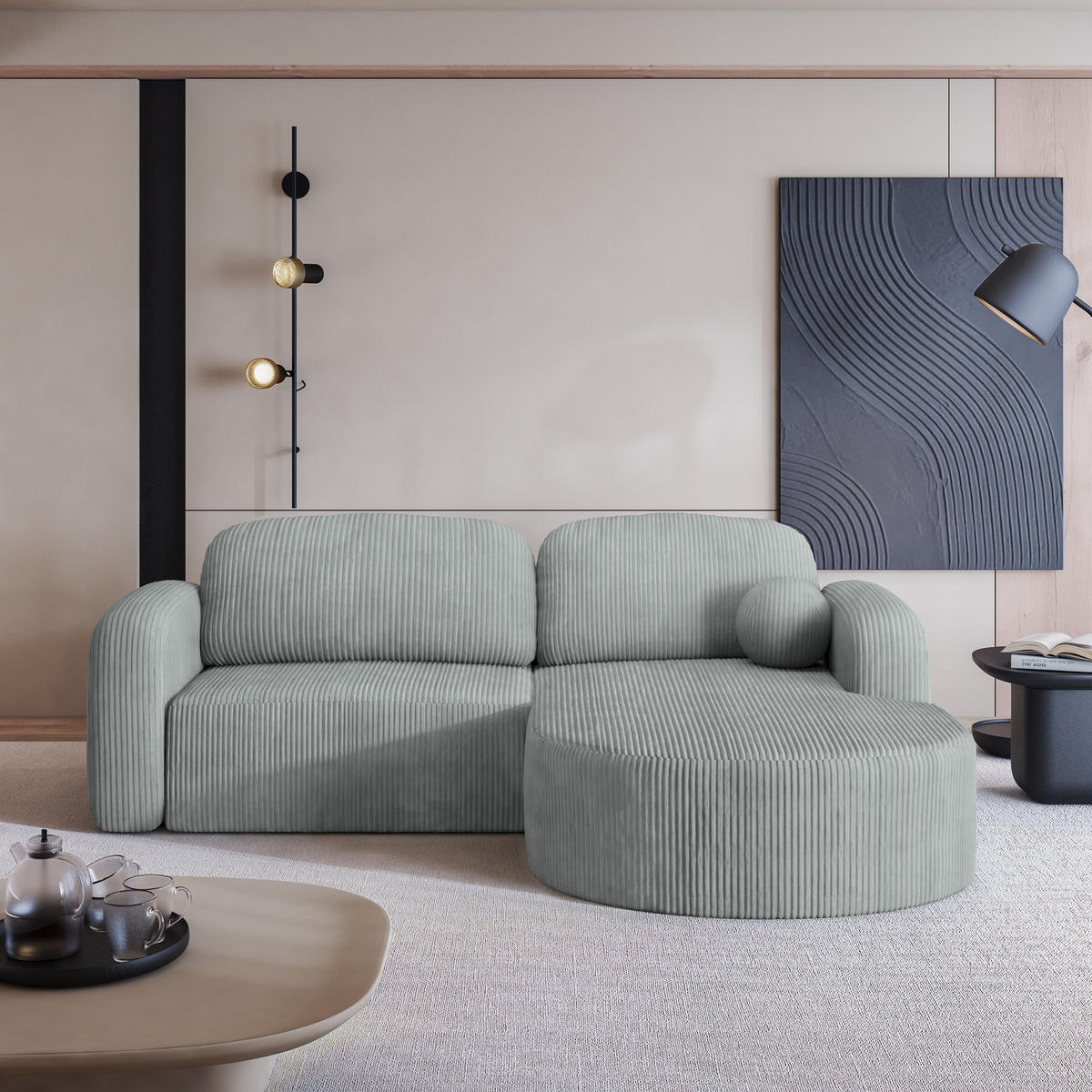 ECKSOFA AMILIA P R-S Hellgrau Kordstoff mit Schlaffunktion - Hellgrau, Holz (263/174cm) - MASSENO