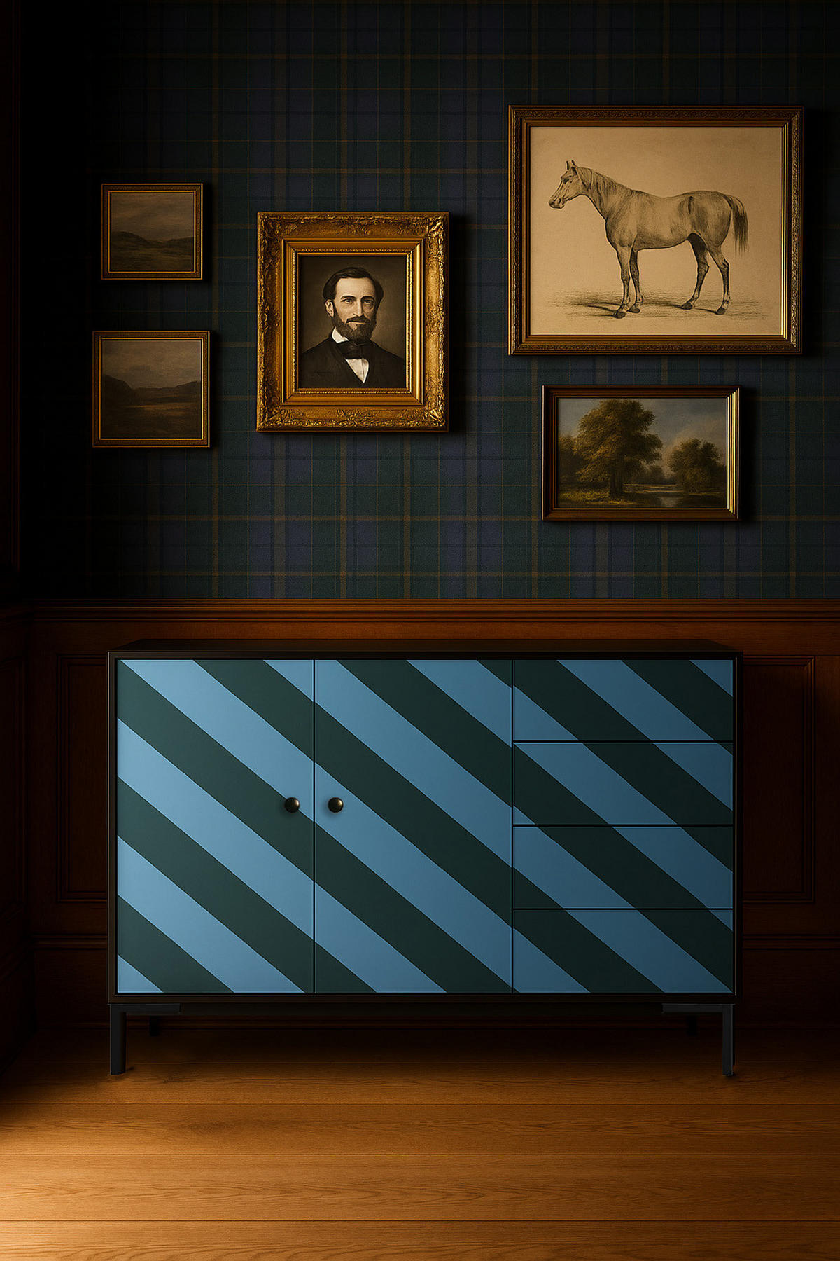 KOMMODE mit 2 Türen und 4 Schubladen aus MDF mit Walddruck WILMA - Türkis, Holzwerkstoff (45/84/113cm) - RNT By Really Nice Things