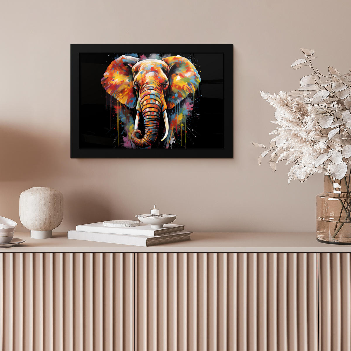 POSTER MIT RAHMEN Elefant - Graffiti - Schwarz - Tiere - Farben 30x20 cm - Schwarz, Papier (30/20cm) - MuchoWow