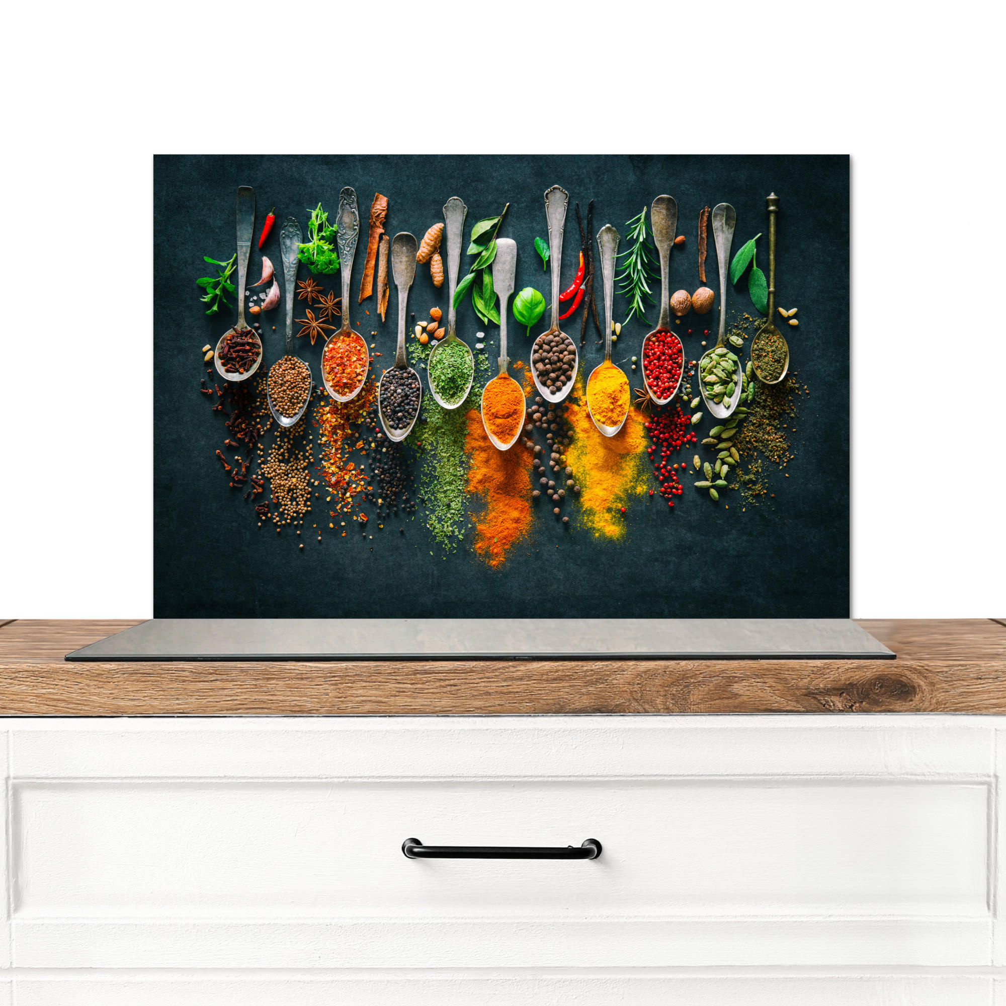 SPRITZSCHUTZ KÜCHE Kräuter - Gewürze - Löffel 70x50 cm - Multicolor, Metall (70/0.3/50cm) - MuchoWow
