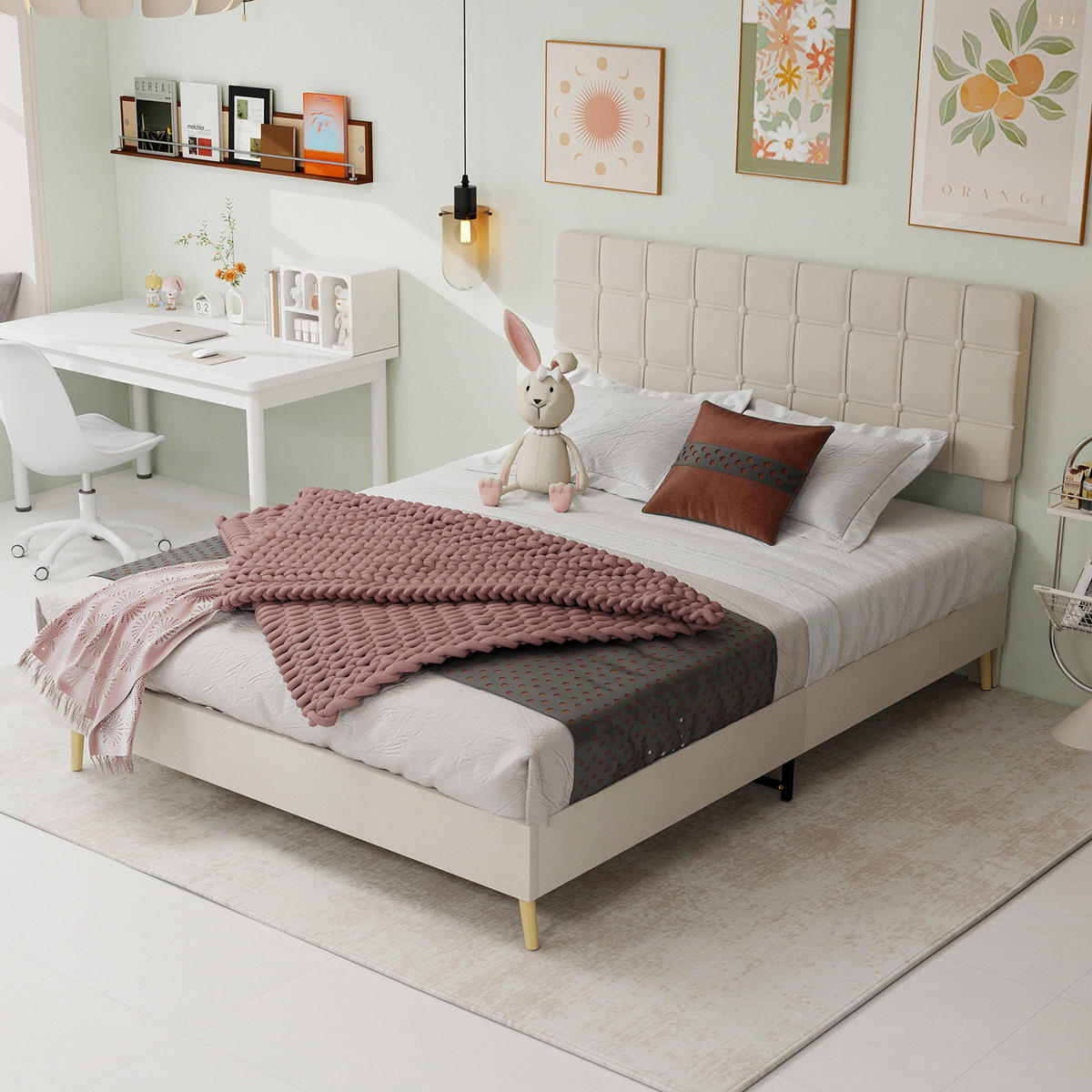 POLSTERBETT 160/200 cm aus Samt mit karierter Kopfteilpolsterung und Holzfüßen, Beige - Beige, Textil (160/200cm) - Redom
