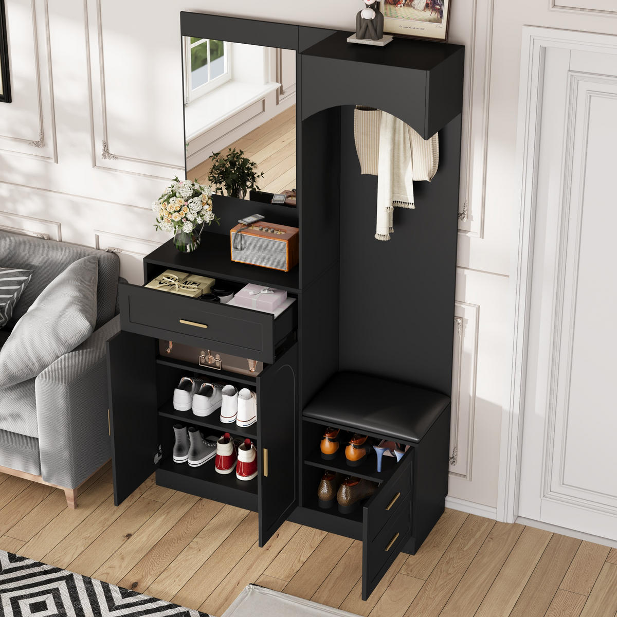 GARDEROBE Set Spiegel Schuhschrank - Schwarz, Holz (110/185.5/33cm) - LEBENLANG