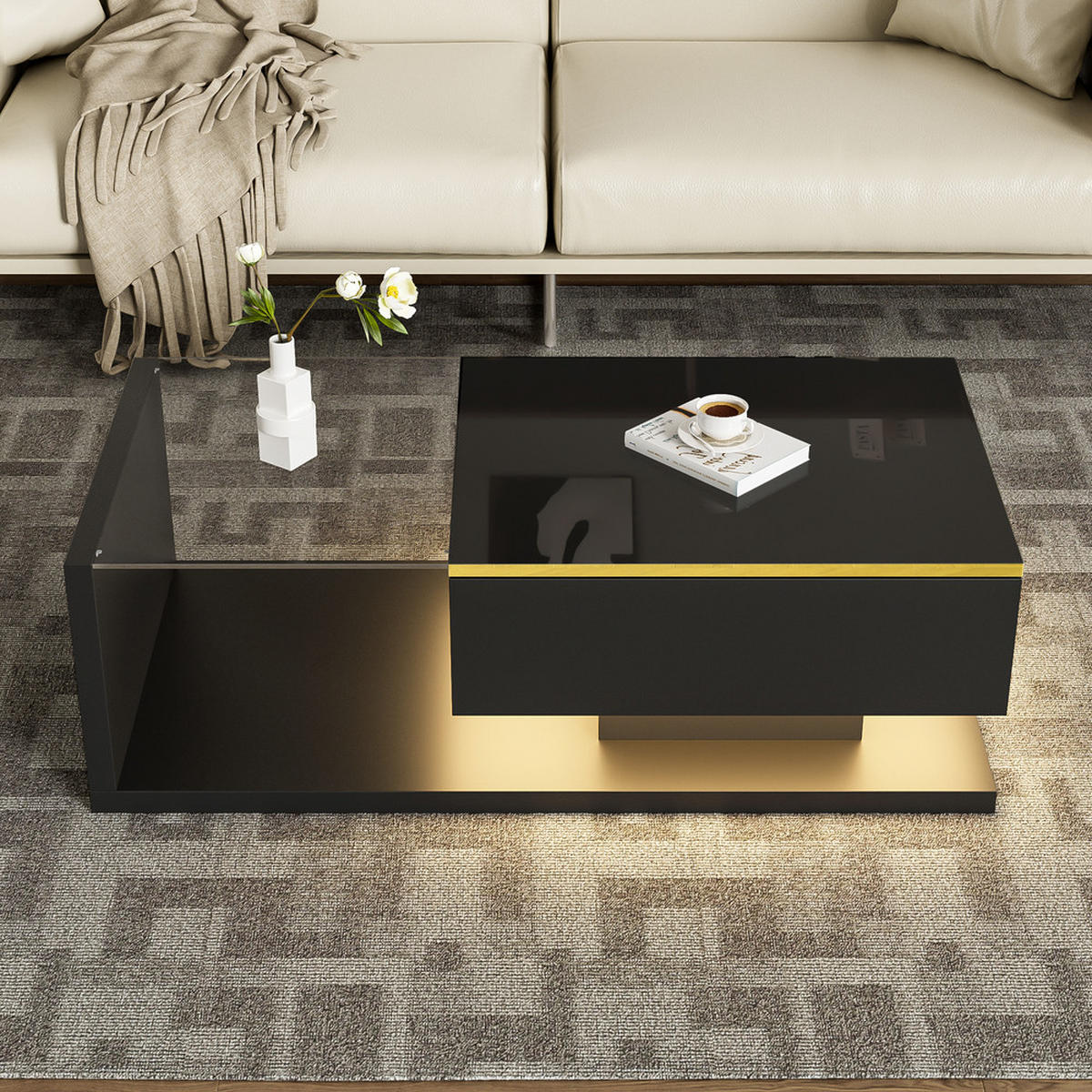 COUCHTISCH 100cm Schwarz Hochglanz LED Effekt Glasplatte Beistelltisch - Schwarz, Holz (112.98/60.96/14.99cm) - FLIEKS