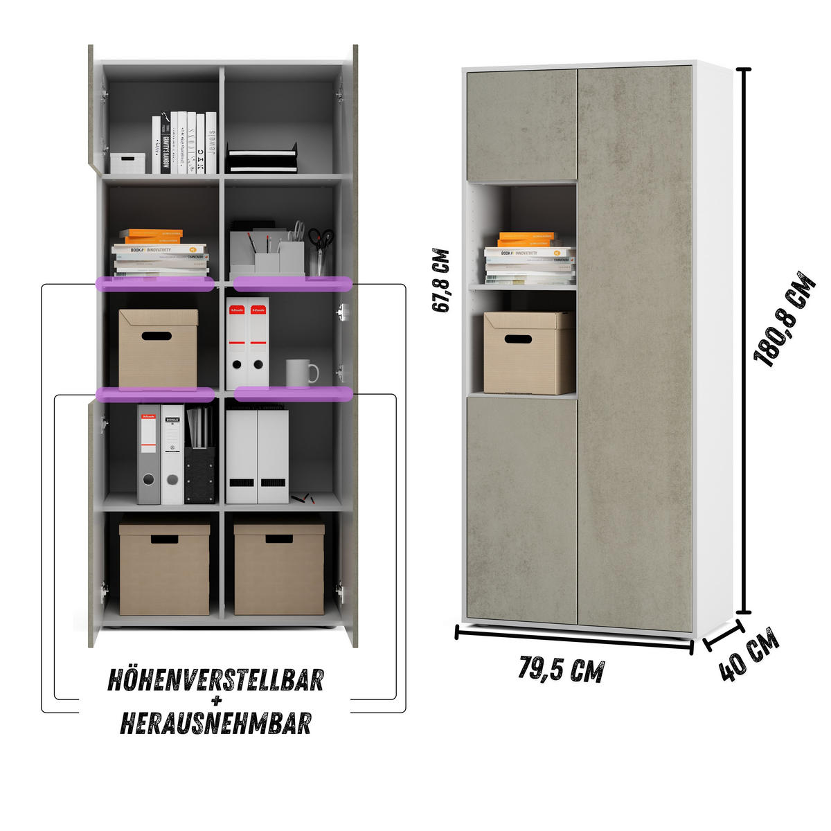 AKTENSCHRANK Amira T20 Beton Oxid 180/80/40 cm - Hellgrau, Holzwerkstoff (80/180/40cm) - SIMPLYFURN