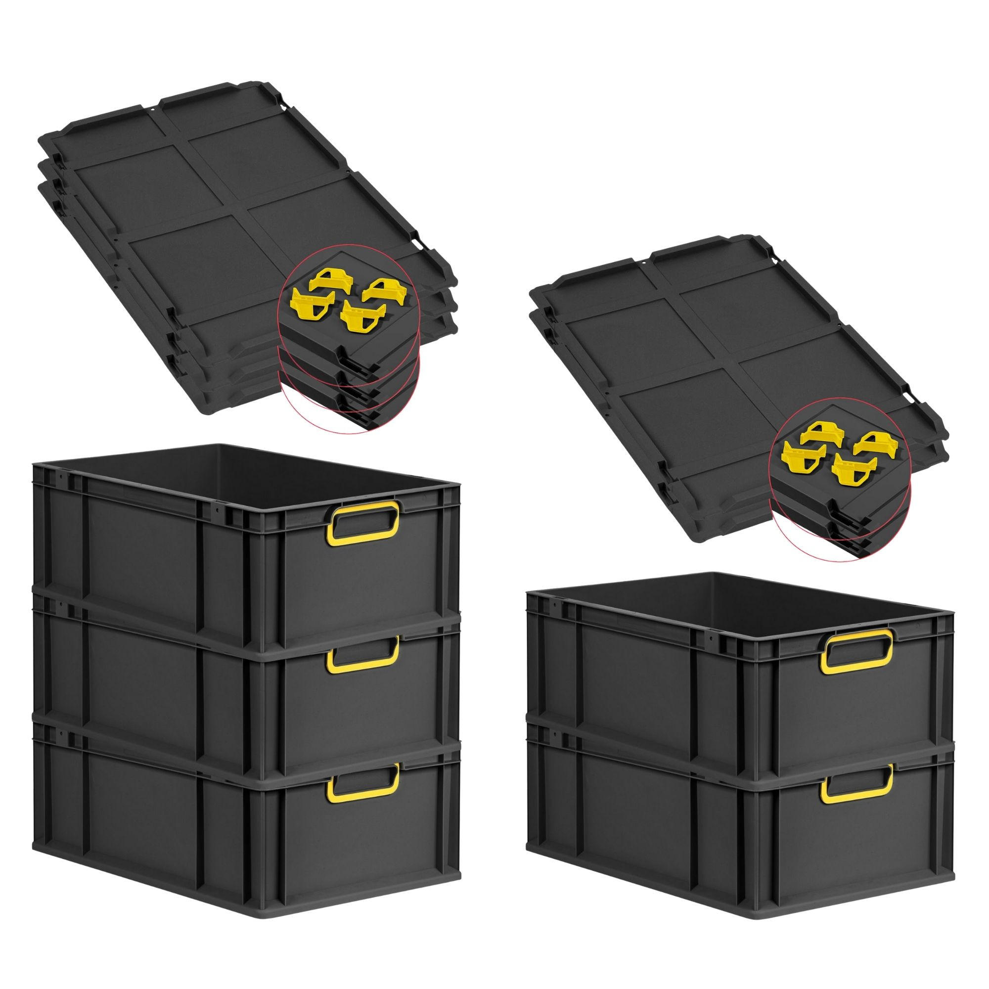 EUROBOX 5x NextGen Color mit Auflagedeckel 22x40x60 cm 44 Liter Schwarz Griffe gelb zu - Gelb/Schwarz, Kunststoff (40/22/60cm) - PROREGAL