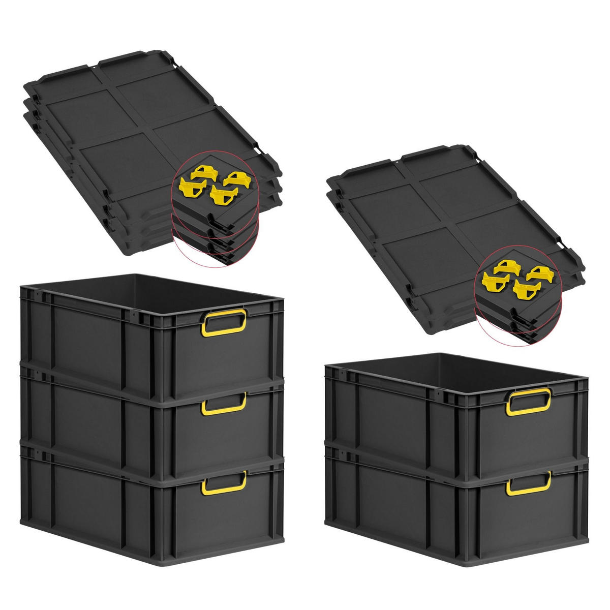 EUROBOX 5x NextGen Color mit Auflagedeckel 22x40x60 cm 44 Liter Schwarz Griffe gelb zu - Gelb/Schwarz, Kunststoff (40/22/60cm) - PROREGAL