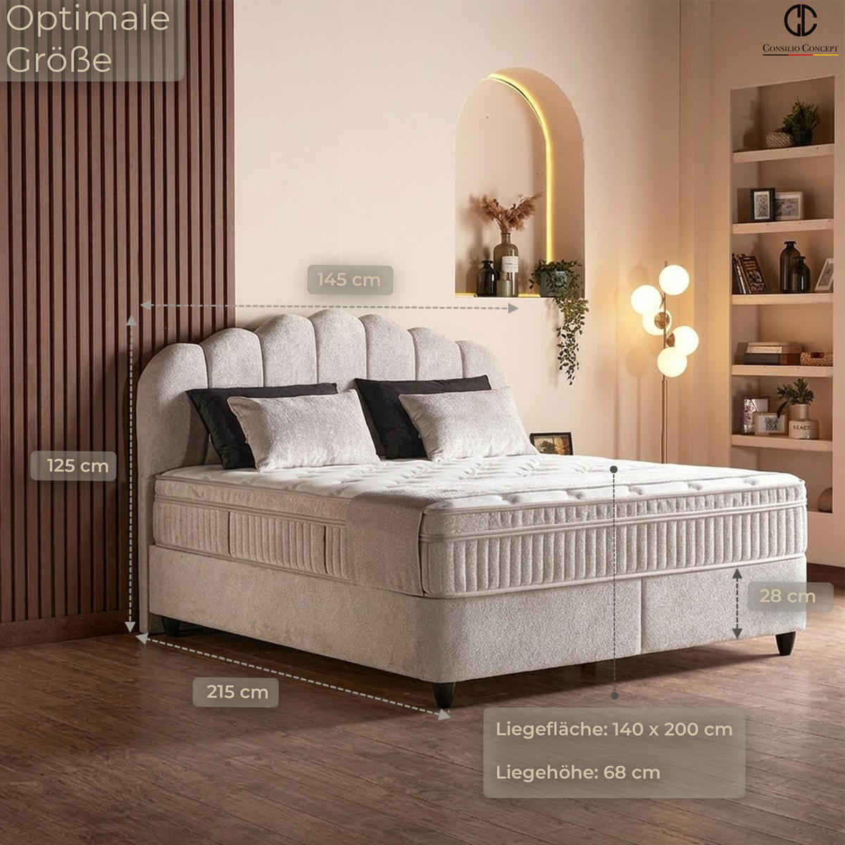 BOXSPRINGBETT MIT BETTKASTEN COMO 140/200 cm, Beige, Bettkasten, Matratze, Topper integriert, H3 mittel 7-Zonen Matratze - Beige/Schwarz, Holz/Kunststoff (140/200cm) - Consilio Concept