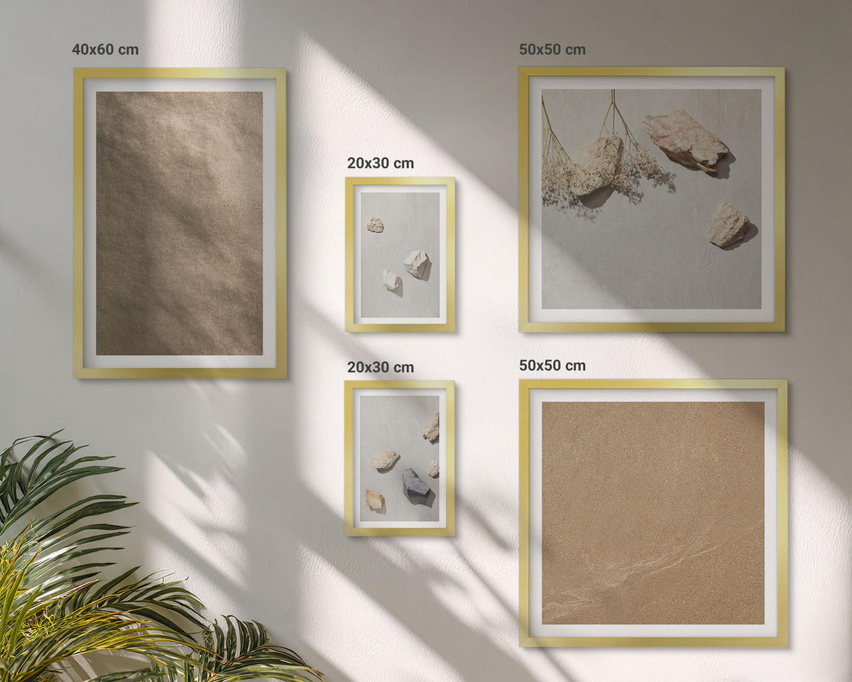 BILDER SET 5er Set - 50x50 cm & 20x30 cm & 40x60 cm Goldrahmen - Strandsteine natürliche Strukturen - Goldfarben, Kunststoff (40/60cm) - TULUP
