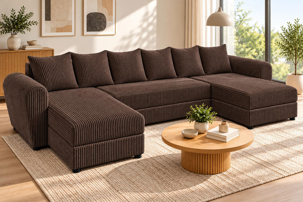 WOHNLANDSCHAFT PUMA U 308 cm – Cord Sofa in U-Form mit Schlaffunktion, Bettkasten und weichem Cordbezug - Dunkelbraun/Schwarz, Kunststoff (308/85/140cm)