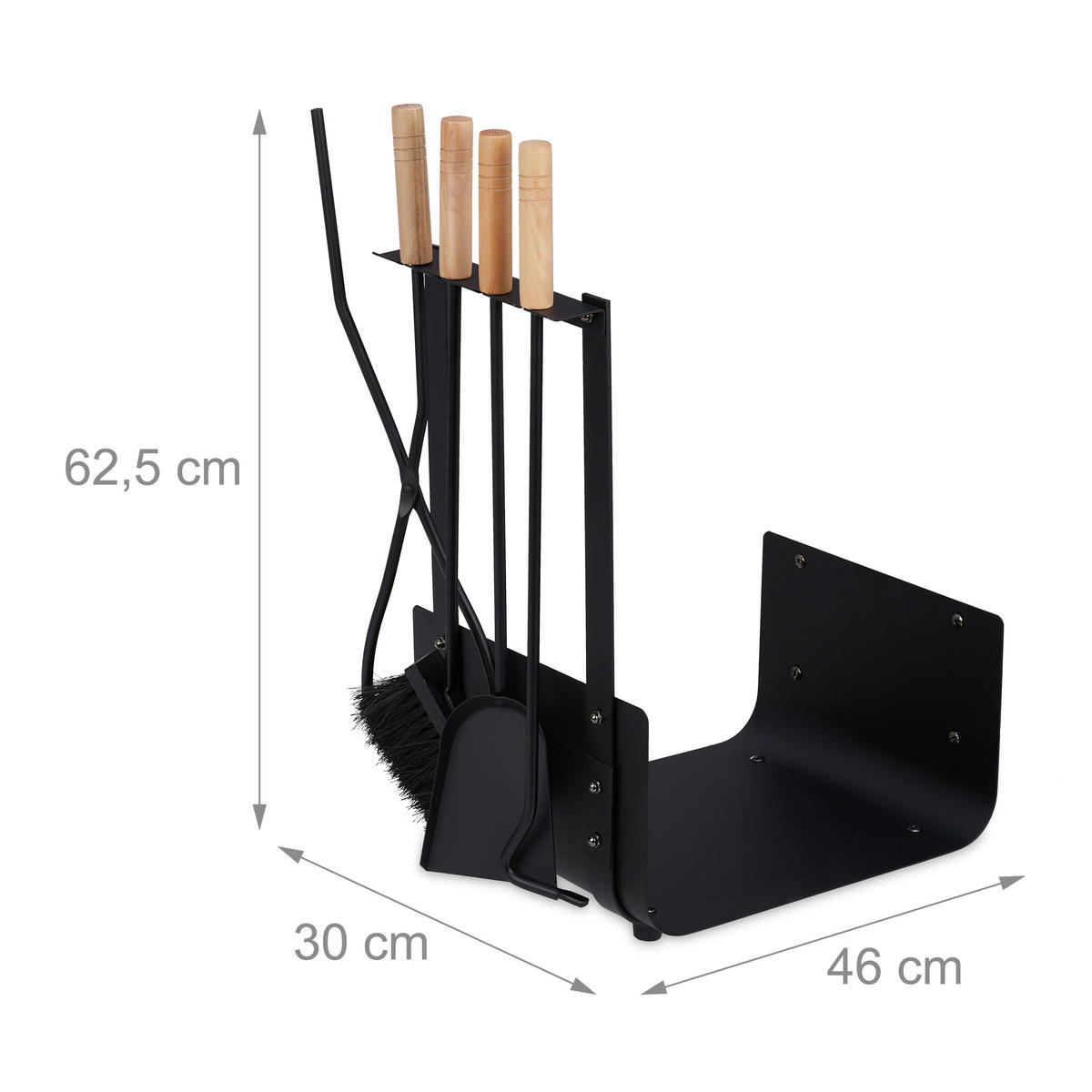 KAMINZUBEHÖR Set - Schwarz, Holz/Metall (46/62.5/30cm) - Relaxdays