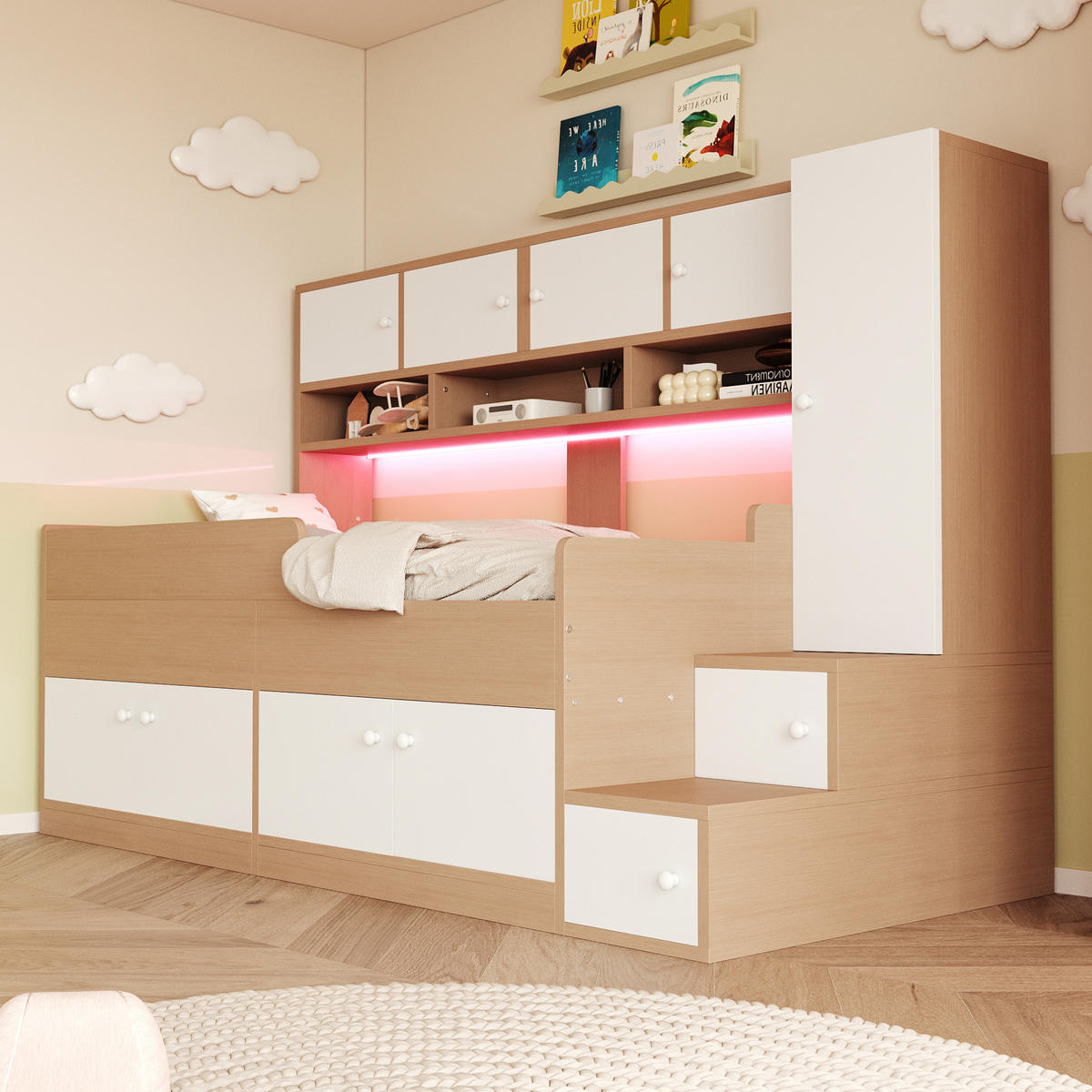 KINDEREINZELBETTEN aus MDF 90x200 cm in Naturholz mit LED-Beleuchtung & Stauraum - Naturfarben, Holzwerkstoff (90/200cm) - Modfu