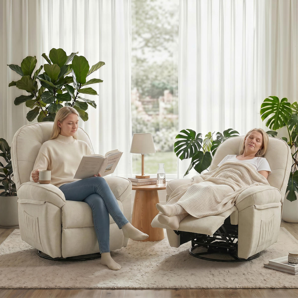 RELAXSESSEL Chenille (100% Polyester) Cremeweiß - Creme/Schwarz, Holzwerkstoff/Textil (94/104/95cm) - HOMCOM