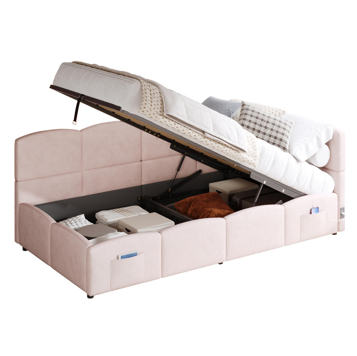 POLSTERBETT 90/200 cm aus Samt mit hydraulischem Stauraum und USB-Anschlüssen Rosa - Rosa, Textil (90/200cm) - Modenvie